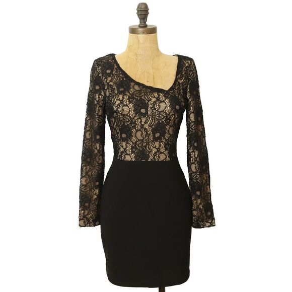 Dress The Population Chante Dress XS Lace Asymmetrical Neck Black Multi EUC B8 - Picture 2 of 6